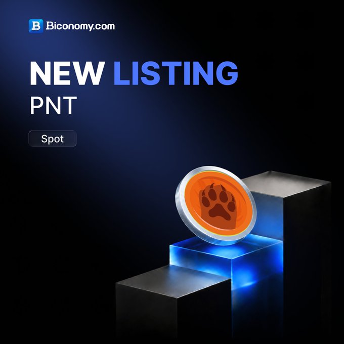 A promotional graphic from Biconomy.com announcing a new listing for PNT (Spot), featuring an orange coin with a paw print emblem on a blue-lit pedestal.