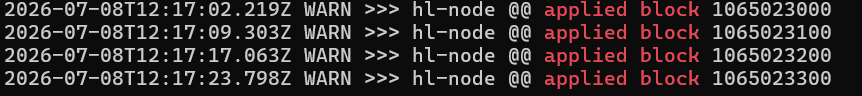Terminal output showing a high-liquidity ("hl") node consistently applying blockchain blocks (1065023000-1065023300) every ~7 seconds, illustrating the steady, rapid block validation backing the user's claim of their newly configured node's speed.