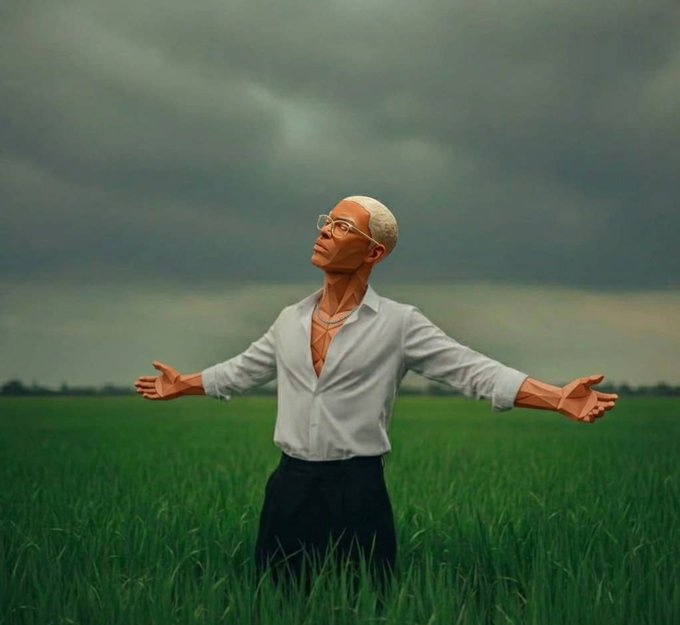 A 3D rendered bald man wearing glasses, an unbuttoned white shirt, and black pants stands in a green grassy field with his arms outstretched under a cloudy gray sky.