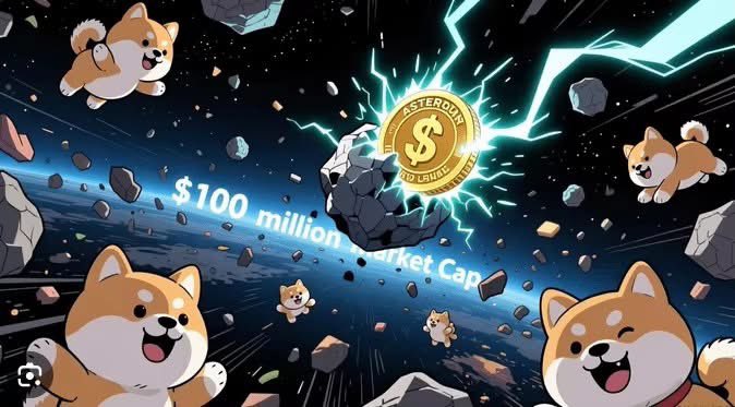 An AI-generated anime-style image celebrating a '$100 million Market Cap' milestone for 'ASTEROID' token, featuring a golden coin breaking through an asteroid surrounded by cartoon Shiba Inu dogs and lightning.