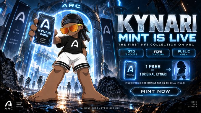 A promotional graphic for the **Kynari NFT** mint launch on the **Arc** blockchain features a cartoon mascot holding a "KYNARI PASS" against a futuristic blue cityscape, with text announcing "KYNARI MINT IS LIVE" as the first NFT collection on Arc, and details showing a GTD phase of 3 hours, FCFS phase of 3 hours, and public sale open, where 1 Pass equals 1 Original Kynari redeemable on OpenSea.