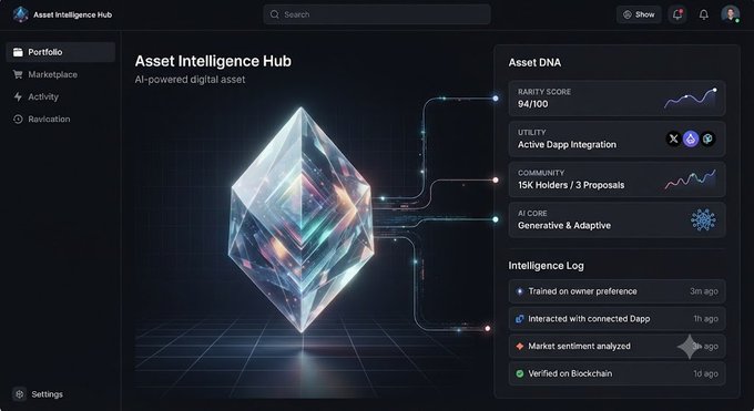 Asset Intelligence Hub dashboard showing an 'Asset DNA' panel with a Rarity Score of 94/100, utility integrations, community stats (15K Holders / 3 Proposals), and an Intelligence Log detailing AI training and blockchain verification.