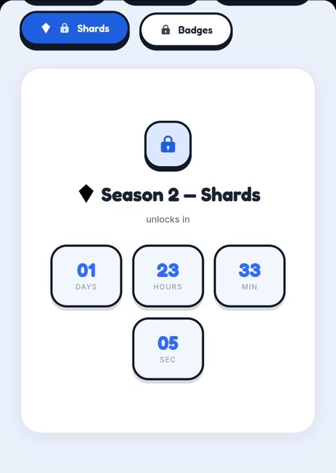 A digital interface shows a locked "Season 2 — Shards" feature with a countdown timer reading "01 DAYS, 23 HOURS, 33 MIN, 05 SEC," under tabs labeled "Shards" and "Badges."