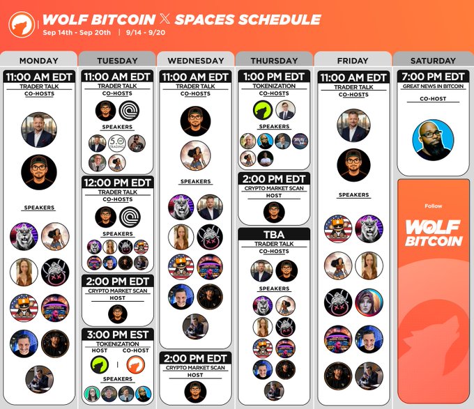 A 'WOLF BITCOIN X SPACES SCHEDULE' graphic for September 14th-20th, displaying daily Twitter Space events with co-hosts, speakers, and various profile pictures arranged by day.