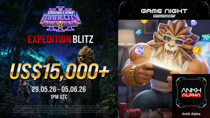 The image displays an advertisement for a video game called "Game Night". It features two characters from the game, one with a lion's face wearing glasses. There are also three other characters depicted in the scene. In addition to these, there is a man with a lion's head holding up a cellphone. The background of the advertisement includes trees and some text elements that provide additional information about the event or prizes related to the video game.