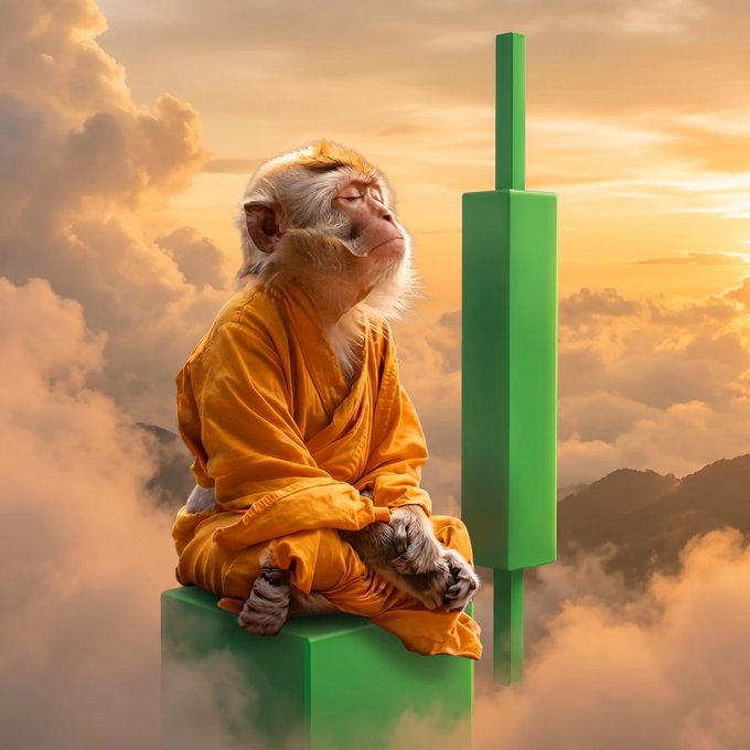 A monkey dressed in a yellow monk robe meditates serenely atop a green pedestal among clouds at sunset, embodying the calm wisdom implied by the "$MONK" token's promise of free crypto giveaways. The image visually represents the meme coin's spiritual branding to attract hopeful followers chasing quick profits.
