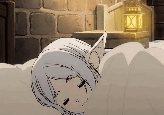 The image shows an anime-style character with white hair, pointed elf-like ears, and closed eyes, appearing to be sleeping peacefully under white covers next to a glowing lantern in a stone-walled setting. The image of the sleeping character doesn't have a direct visual connection to the text, which lists cryptocurrency/NFT floor price updates for various projects like Onchain Hoodies, MonkeyHood, Cashcats, and Frongs, though the "sleeping" or resting pose could metaphorically represent the calm before a potential "game announcement" that hasn't yet happened for some of these projects.