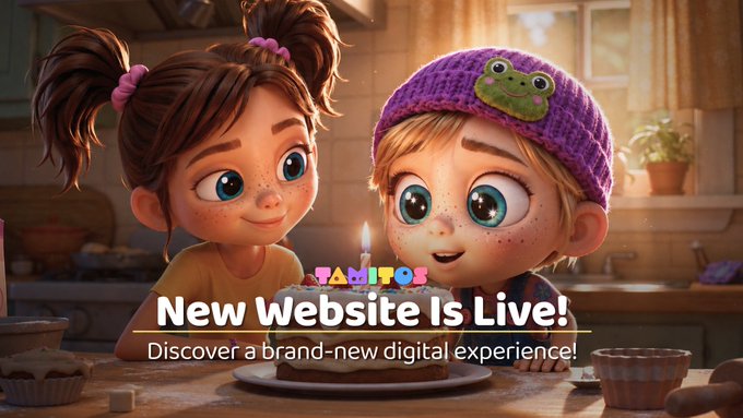 Two animated children with oversized expressive eyes gaze in wonder at a lit birthday cake in a cozy kitchen setting. The overlay text reads "TAMITOZ - New Website Is Live! Discover a brand-new digital experience!" tying into the post's announcement of a new digital experience launching for QORPO.