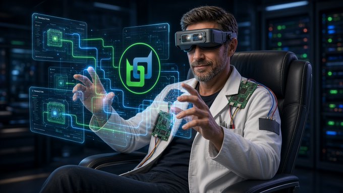 An older man in a white coat wearing an AR headset, interacting with futuristic, glowing green and blue holographic interfaces depicting network connections and circuit boards.