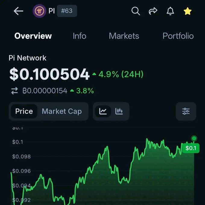 A cryptocurrency price tracker app showing Pi Network (PI) at $0.100504, up 4.9% in 24 hours, with a green price chart displayed below.