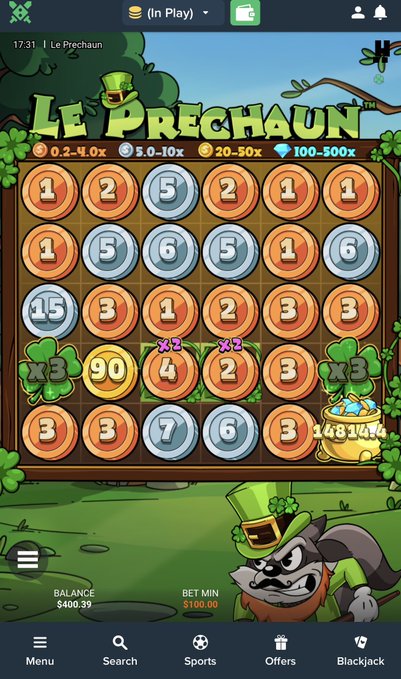 The image shows the "Le Prechaun" slot game on Duelbits, featuring a 6x6 grid of coin symbols with multipliers and a $148.74 win displayed next to a pot of gold. The screen displays a balance of $400.39 and bet min of $100.00, with the cheerful cartoon leprechaun character in the corner — illustrating the kind of exciting win that the post is enthusiastically endorsing about playing on Duelbits.