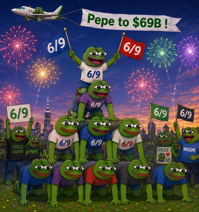 The image features a group of cartoon frogs, each holding up a flag with numbers 6 through 9 written on them. The frogs are arranged in a pyramid formation, with one frog at the top holding up a flag that says "6/9". The background is filled with fireworks and a city skyline, creating a festive atmosphere around the scene.