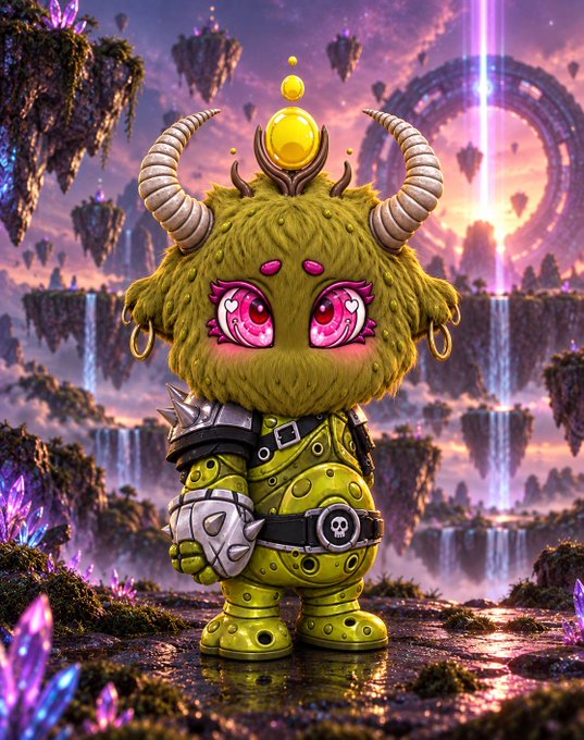 A digital illustration of a cute, yellow-green fluffy monster character with horns, large pink eyes, and spiked armor, standing in a fantastical landscape with floating islands and waterfalls.