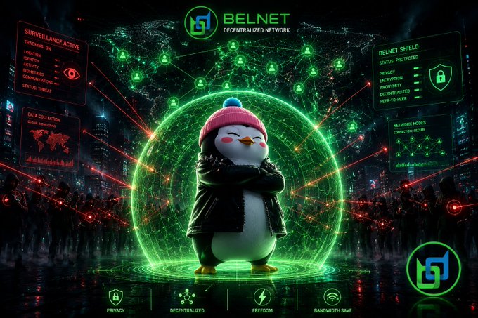 A digital illustration of a penguin wearing a leather jacket and a red beanie, surrounded by a green digital shield, with 'BELNET DECENTRALIZED NETWORK' branding and features like Privacy, Decentralized, Freedom, and Bandwidth Save.