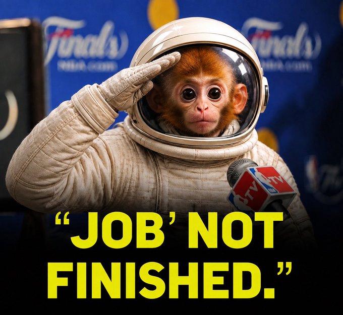 A meme showing a monkey wearing an astronaut helmet saluting, with the caption "JOB NOT FINISHED." overlaid in bold yellow text.