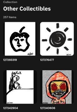 A mobile app screen showing 'Other Collectibles' collection with 257 items, displaying simple black-and-white and colorful artwork collectibles with IDs like 127293319 and 127240606.