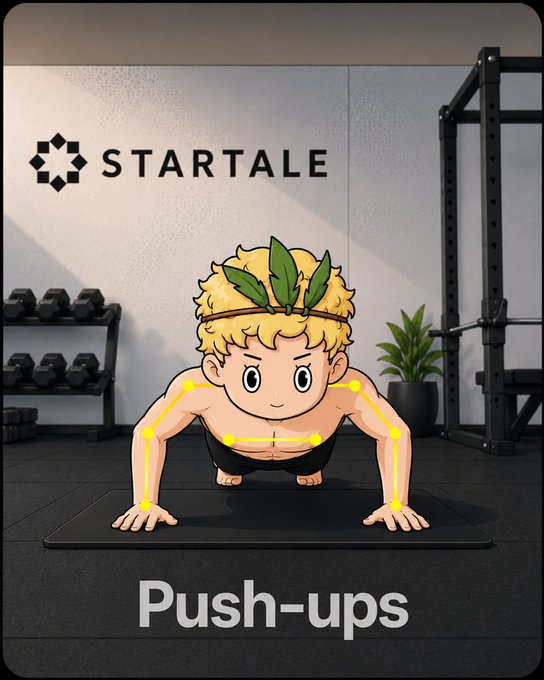 An illustration of a cartoon character with a leaf crown performing push-ups on a mat in a gym, labeled "STARTALE" at the top and "Push-ups" at the bottom, with yellow markers indicating joint positions.