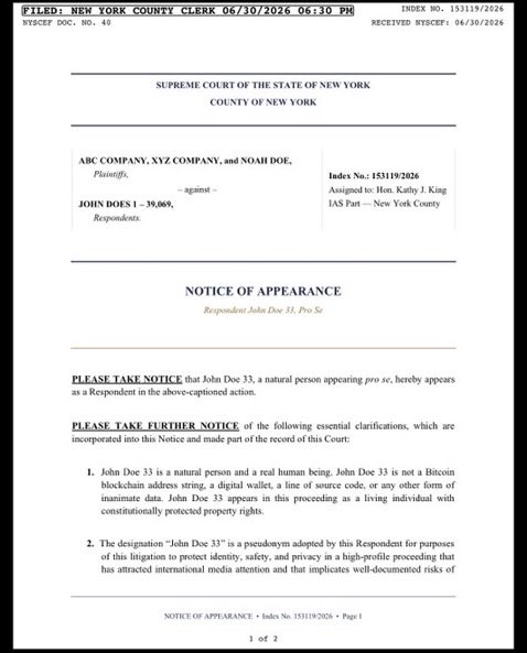 The image shows a New York Supreme Court "Notice of Appearance" filing in case index 153119/2026, where John Doe 33 formally enters the lawsuit as a respondent, declaring himself a "real human being" who is not a "Bitcoin blockchain address string, a digital wallet, a line of source code, or any other form of inanimate data" associated with the disputed Satoshi Bitcoin ownership claims.