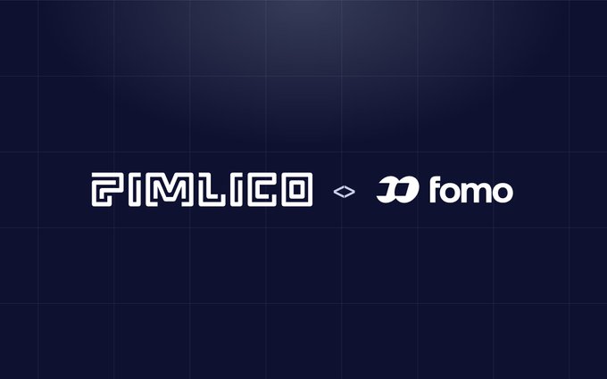 A dark blue screen displaying the white text "PIMLICO ◇ fomo" logo.