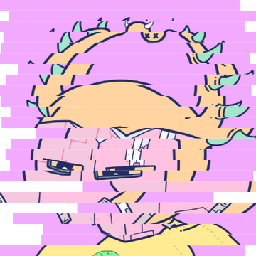 A distorted digital illustration of an anime-style character with orange hair against a pink background, featuring pixelation and glitch effects.