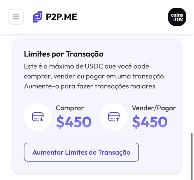 A screenshot of the P2P.me platform showing transaction limits of $450 each for both buying (Comprar) and selling/paying (Vender/Pagar) USDC, with a button to increase transaction limits (Aumentar Limites de Transação) at the bottom. The image illustrates the post's point that the $450 limit applies per individual transaction rather than monthly, allowing users to complete larger purchases by splitting them into multiple transactions.