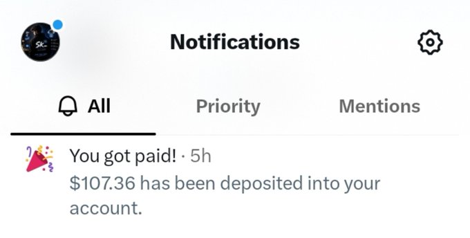 A smartphone screenshot showing a Notifications page with an 'All' tab selected, displaying a message that reads 'You got paid! · 5h $107.36 has been deposited into your account.'