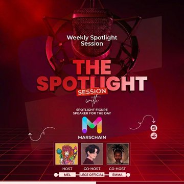 The image is a promotional graphic for "Weekly Spotlight Session with SPOTLIGHT FIGURE / SPEAKER FOR THE DAY: MARSCHAIN," featuring a red spotlight background and displaying three hosts labeled as Host Mel, Co-Host Lege Official, and Co-Host Tmma, supporting the post's announcement of $30 winners in MARS tokens and inviting followers to join the weekly spotlight event for more crypto alpha.