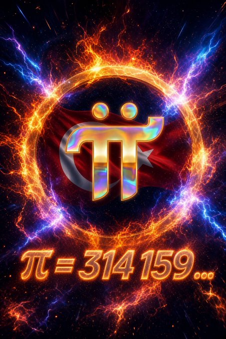 A vibrant digital artwork featuring a Pi Network (π) cryptocurrency logo in holographic gold, surrounded by fiery orange and electric blue energy rings, with the mathematical text 'π = 3.14 159...' displayed below.