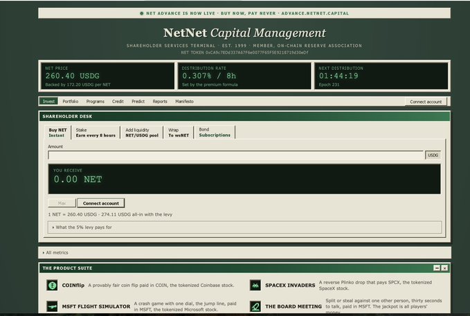 The NetNet Capital Management homepage displays a NET token price of 260.40 USDG, a distribution rate of 0.307%/8h, and a next distribution countdown of 01:44:19, alongside sections for shareholding services and products including COINFlip and SpaceX Invaders.