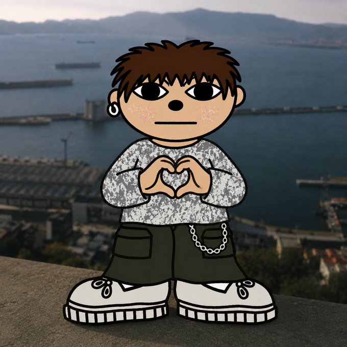 An animated cartoon character of a young man making a heart shape with his hands, standing in front of a real-life coastal cityscape background.