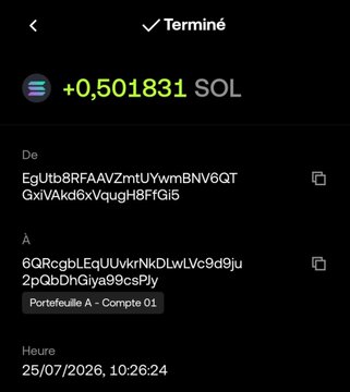 A screenshot of a completed (Terminé) crypto transaction showing a withdrawal of +0.501831 SOL from one wallet to another, timestamped 25/07/2026 at 10:26:24, which the post presents as proof of an instant airdrop payout from the Zulti app.