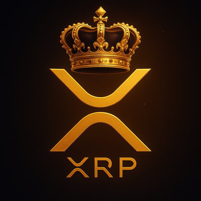 Golden XRP cryptocurrency logo topped with an ornate royal crown on a dark background, symbolizing XRP's market position.
