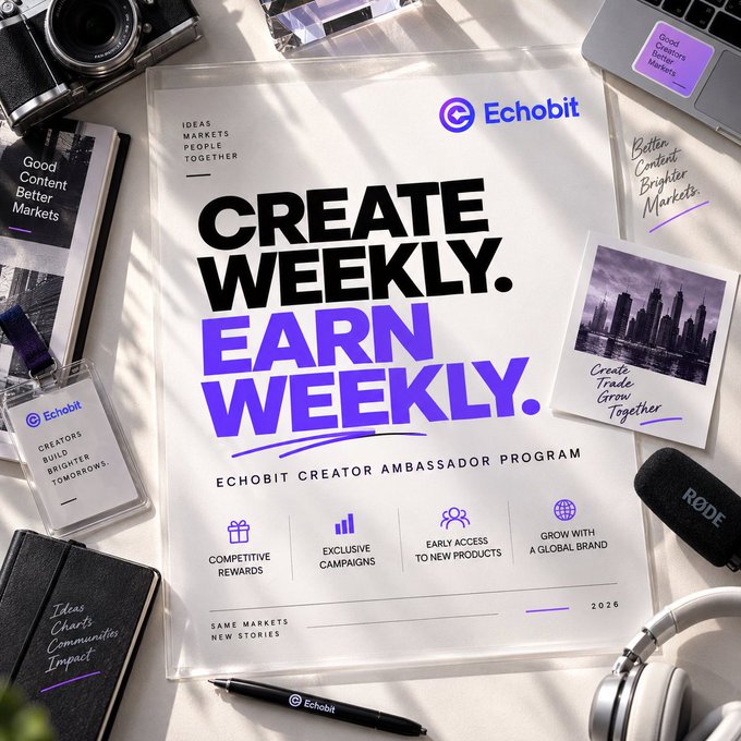 A promotional graphic for the 'Echobit Creator Ambassador Program' featuring a poster that reads 'CREATE WEEKLY. EARN WEEKLY.' surrounded by office items including a notebook, perfume, and headphones.