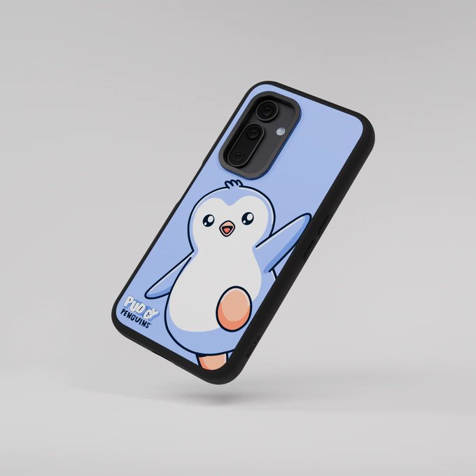 A blue smartphone case featuring a cartoon illustration of a penguin with its arms raised, labeled 'PHILD PENGUINS' in the bottom left corner.