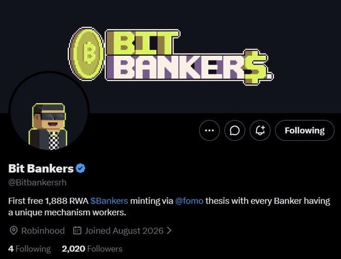 Twitter/X profile for 'Bit Bankers' (@Bitbankersrh) featuring a pixel-art logo and avatar, with the bio describing the first free 1,888 RWA $Bankers minting via @fomothesis, joined August 2026.
