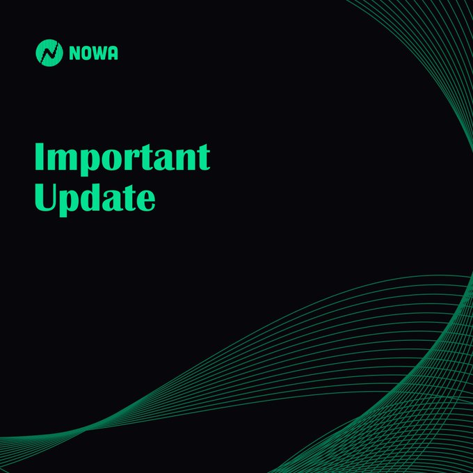 A graphic announcement with a dark background featuring the NOWA logo and the text 'Important Update' in green, with decorative green wave lines on the right side.