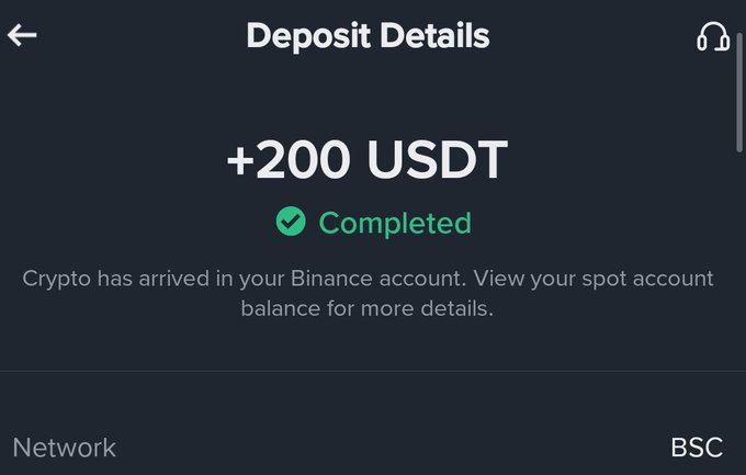 A Binance deposit confirmation screen showing '+200 USDT' with a green checkmark and 'Completed' status on the BSC network.