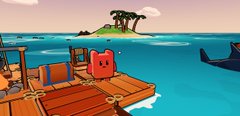 A distorted, AI-stretched image showing a ship with orange and brown elements, a dark figure, and a tropical island with palm trees against a pale sky.