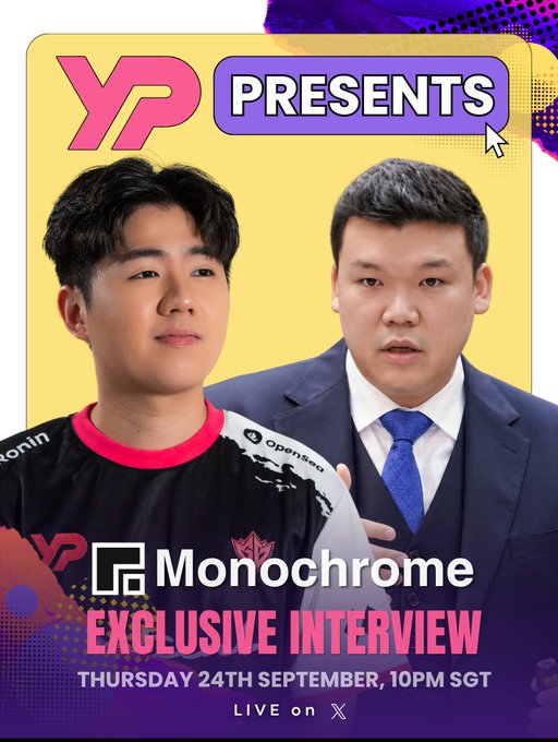 A promotional graphic for a YP Presents exclusive interview with Monochrome, scheduled for Thursday, September 24th at 10PM SGT, featuring two men in front of a yellow and purple background.