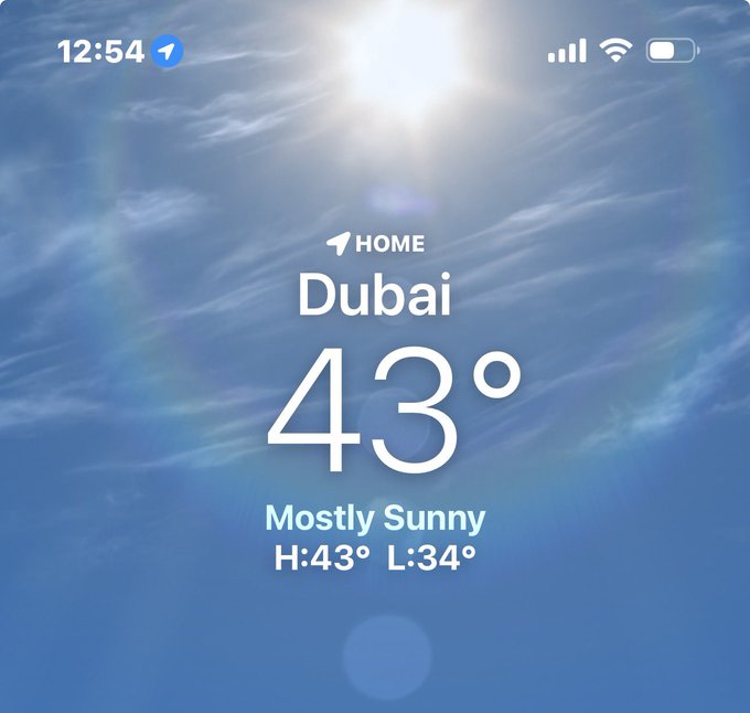 iPhone weather widget showing 'Dubai' with a current temperature of '43°', described as 'Mostly Sunny', with a high of 43° and low of 34°.