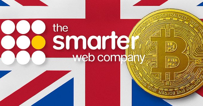 The Smarter Web Company logo over a British Union Jack flag with a large Bitcoin coin on the right side.