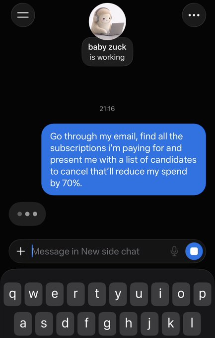 A text conversation shows a user requesting Meta's Muse AI to scan their email, identify active subscriptions, and suggest cancellations to cut spending by 70%, demonstrating the AI assistant's personal finance automation capability highlighted in the post.