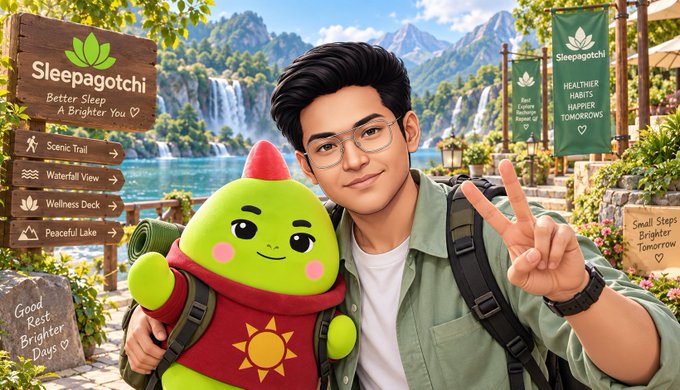 A 3D-rendered illustration of a young man with glasses posing with a peace sign next to a green Sleepagotchi mascot at a scenic wellness resort, with signs reading 'Sleepagotchi - Better Sleep, A Brighter You', 'Scenic Trail', 'Waterfall View', 'Wellness Deck', and 'Peaceful Lake'.