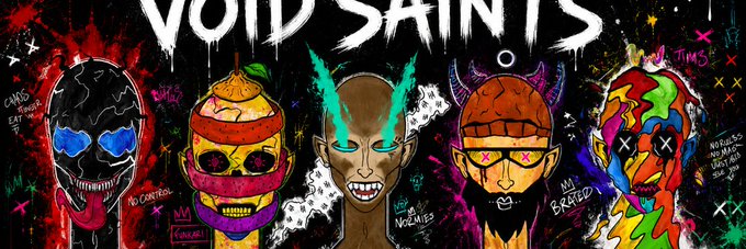 The image shows a poster with five colorful cartoon faces, each facing different directions. They are all wearing glasses or masks that add detail to their appearances. In the center of the image, there is white text that reads "Void Saints". Below this, another line of red and black graffiti adds a contrasting element to the overall design. The bottom part of the poster includes the words "GIVEAWAY VODSAINS" and "FOLLOW @VoidSaintsETH". This gives an impression that these faces are from a virtual event or competition happening on social media, where people can "like", " retweet", or participate in discussions related to the Void Saints. The image encourages viewers to pay attention to the content and engage with it actively.
