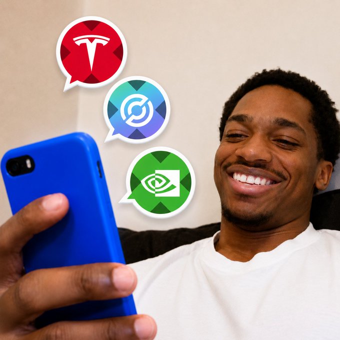 A smiling young man holds a blue smartphone, with three chat bubble icons featuring logos for Tesla (TSLAx), Circle (CRCLx), and NVIDIA (NVDAx) floating beside him—directly tying to the xStocks Gala promotion encouraging users to share their MEXC spot trades on these tokens for a chance to win 500 USDT.