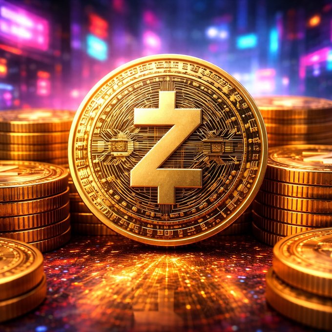 A close-up of a gold Zcash (ZEC) cryptocurrency coin standing upright among stacks of similar coins, set against a colorful neon city background.