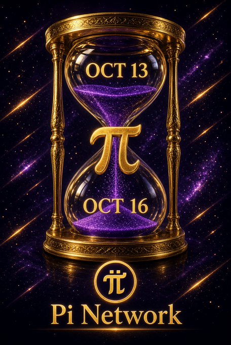 A promotional graphic for Pi Network featuring an ornate hourglass filled with purple sand, displaying dates 'OCT 13' and 'OCT 16' flanking the Pi logo symbol.
