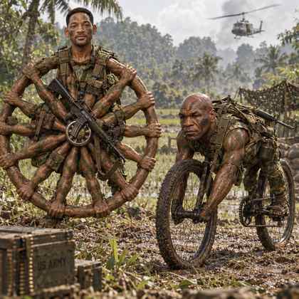 Two soldiers in wheel-shaped contraptions—one resembling a wheel of limbs and the other atop a bicycle—lurk through a jungle battlefield, perfectly embodying the post's reference to the memecoins $biketyson and $wheelsmith as the last surviving "wheel" tokens, while the ominous "I SEE LEGS EVERYWHERE" caption plays on the soldier whose exposed limbs form the terrifying tire-like body.