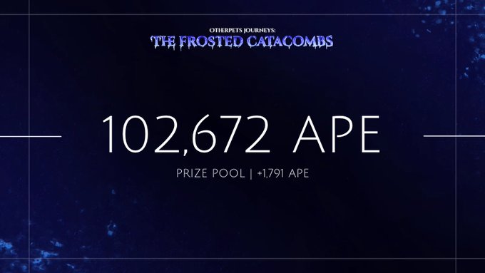 Title screen for 'The Frosted Catacombs' by Otterpils Journeys, displaying a prize pool of 102,672 APE with a +1,791 APE increase.