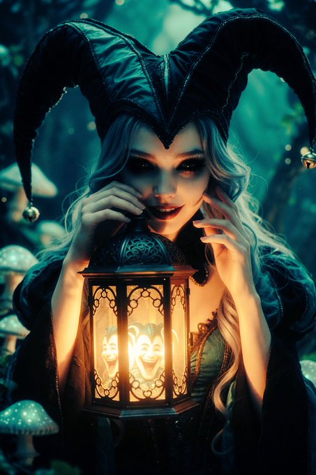 A dark, fantasy-style illustration of a woman with silver hair wearing a black jester hat with bells, holding a glowing lantern with smiling faces inside, set in a mystical forest with mushrooms.